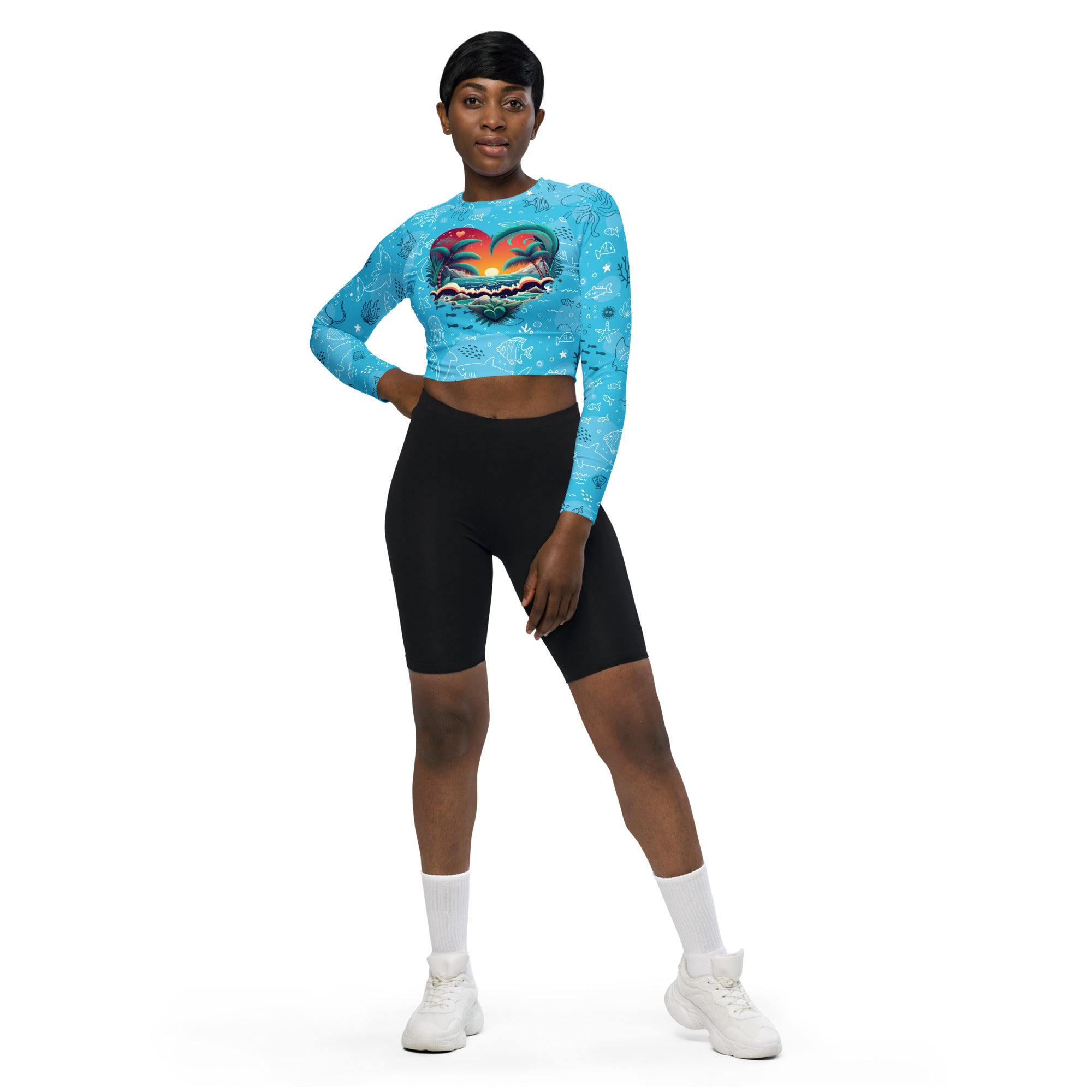 Ocean Bliss Heartbeat Long-Sleeve Crop Top: Eco-Chic and Sun-Kissed Style